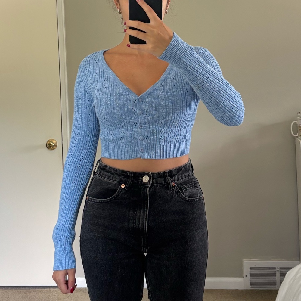 Garage Blue V-Neck Cropped Cardigan